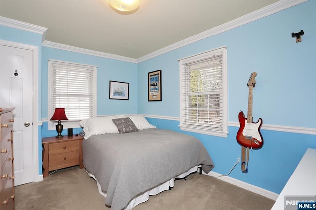 bedroom featuring baseboards, carpet, and ornamental molding