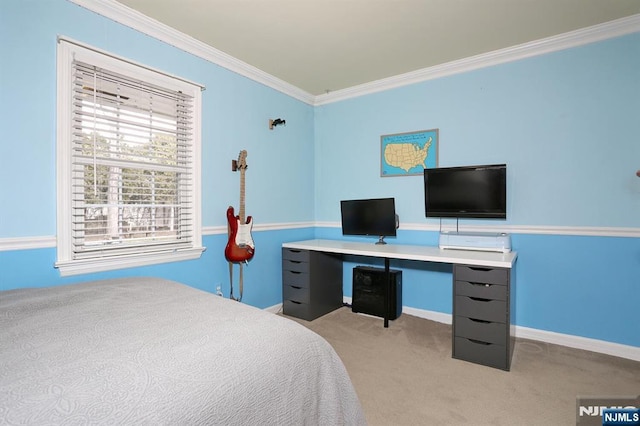 bedroom with light carpet and crown molding