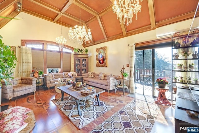 living room with beam ceiling, an AC wall unit, coffered ceiling, an inviting chandelier, and a towering ceiling