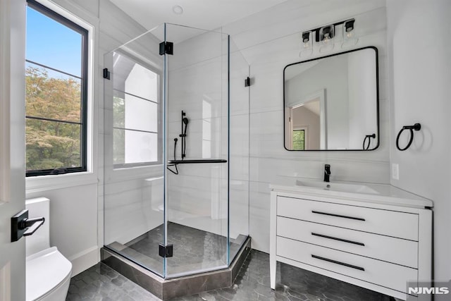 16 Donnybrook Dr, Demarest, NJ 07627 - full bathroom featuring vanity, a shower stall, toilet, and baseboards