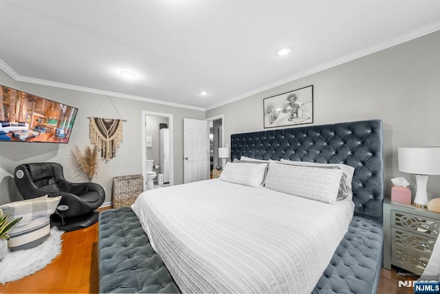 bedroom with recessed lighting, baseboards, wood finished floors, and crown molding