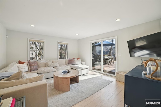 living area featuring recessed lighting and wood-type flooring