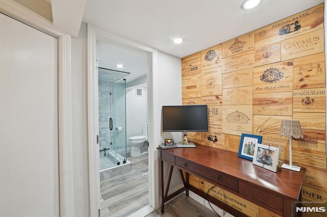 office area with recessed lighting, wooden walls, attic access, and wood finished floors