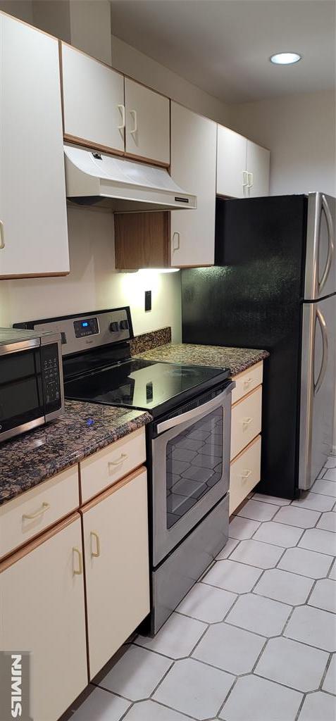 kitchen featuring under cabinet range hood, recessed lighting, dark stone countertops, white cabinets, and stainless steel appliances