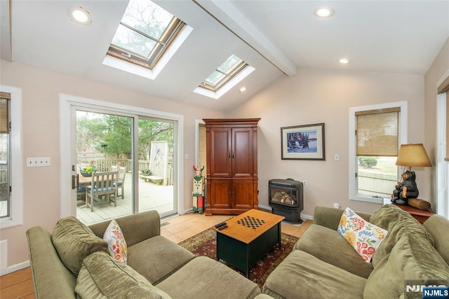 living room featuring baseboards, a wood stove, vaulted ceiling with beams, light tile patterned flooring, and recessed lighting