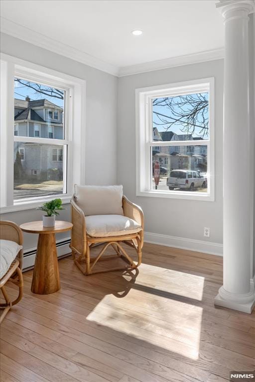 sitting room with crown molding, baseboard heating, light wood-type flooring, and ornate columns