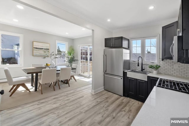 kitchen featuring light wood finished floors, a sink, stainless steel appliances, crown molding, and backsplash