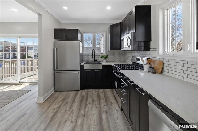 kitchen featuring ornamental molding, appliances with stainless steel finishes, light countertops, and a sink