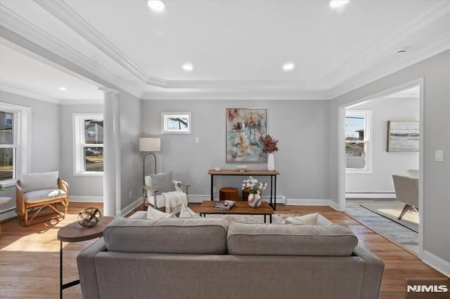 living room with a baseboard radiator, wood finished floors, ornamental molding, and ornate columns