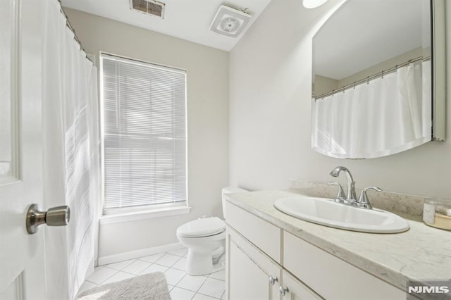 full bath with vanity, baseboards, visible vents, tile patterned floors, and toilet