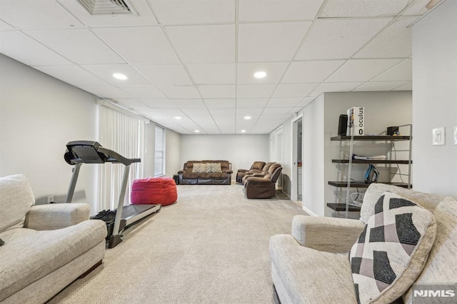 workout area featuring a drop ceiling, recessed lighting, visible vents, and carpet floors