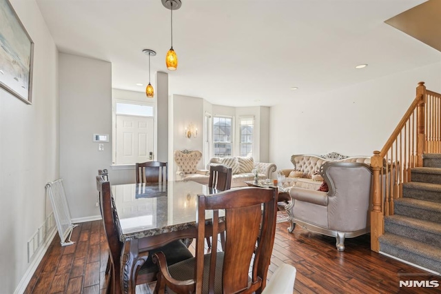 dining room featuring visible vents, dark wood finished floors, recessed lighting, stairway, and baseboards