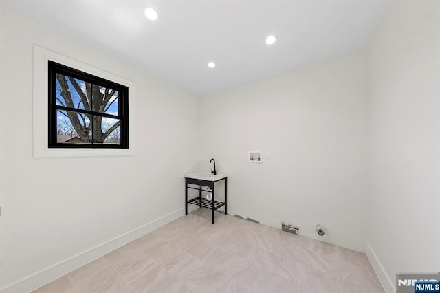 clothes washing area featuring baseboards, laundry area, recessed lighting, hookup for a washing machine, and hookup for a gas dryer