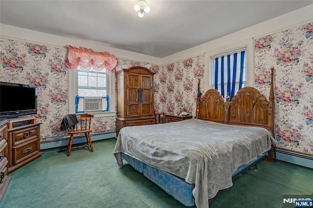 carpeted bedroom with cooling unit, wallpapered walls, baseboards, and a baseboard radiator