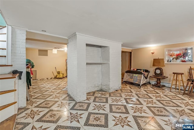 interior space with light floors and crown molding