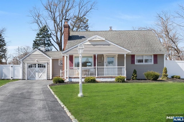 view of front of home featuring driveway, a front lawn, a porch, fence, and a chimney