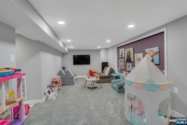 game room with recessed lighting, carpet, and baseboards