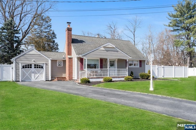 bungalow-style home with a porch, fence, a front lawn, and driveway