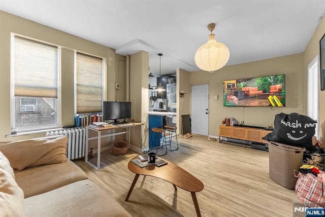 living area featuring baseboards, wood finished floors, and radiator heating unit