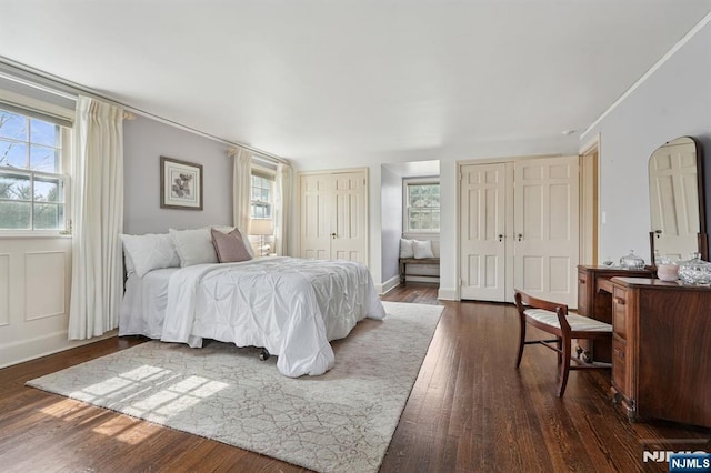 bedroom featuring dark wood-type flooring and multiple closets