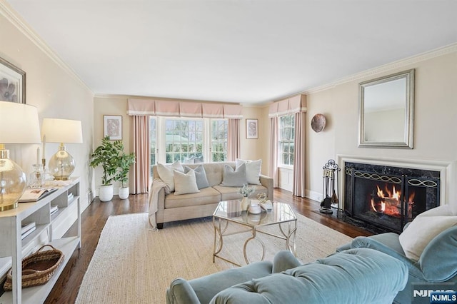 living area featuring a fireplace, dark wood-type flooring, baseboards, and ornamental molding