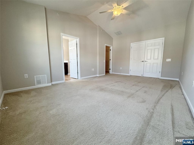 unfurnished bedroom with visible vents, baseboards, carpet floors, a closet, and a ceiling fan