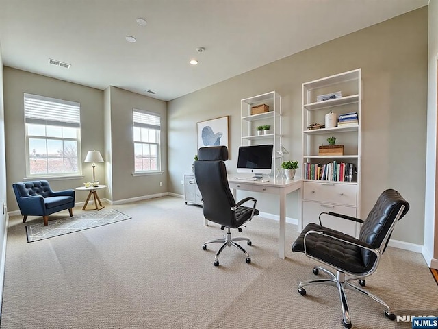 office area featuring recessed lighting, carpet, visible vents, and baseboards