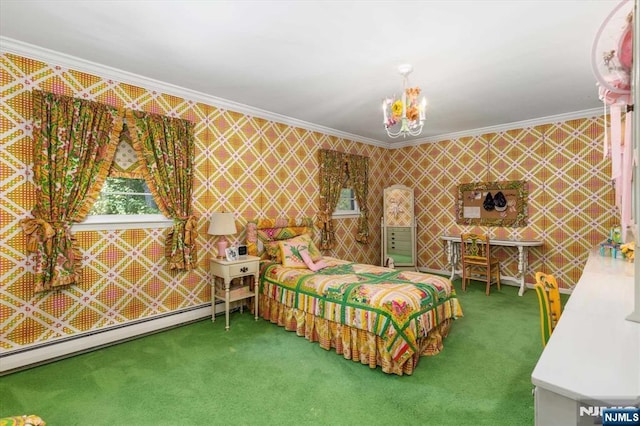 bedroom featuring wallpapered walls, crown molding, carpet, a chandelier, and a baseboard radiator