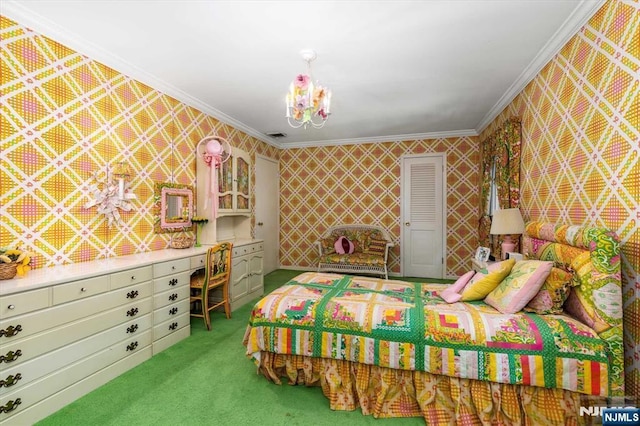 carpeted bedroom with a notable chandelier, wallpapered walls, and crown molding