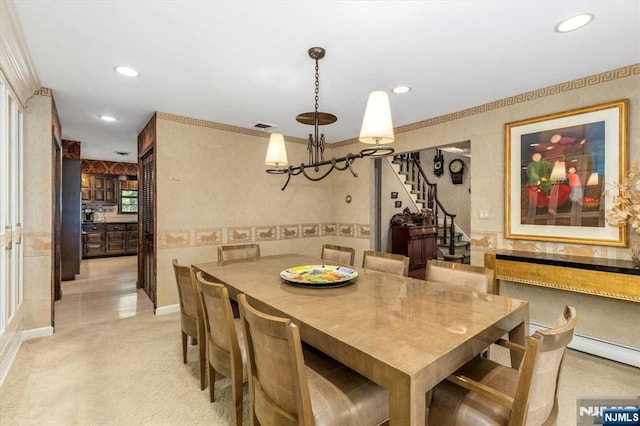 dining room featuring stairway, recessed lighting, visible vents, and light carpet