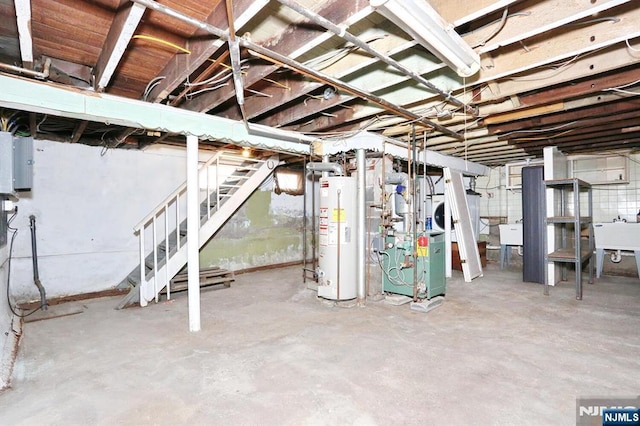 unfinished basement featuring electric panel, water heater, a heating unit, a sink, and stairs