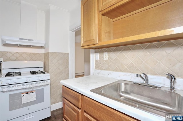 kitchen featuring under cabinet range hood, light stone countertops, white gas range, and a sink