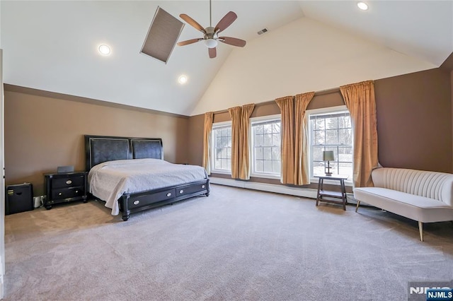 bedroom featuring recessed lighting, high vaulted ceiling, a ceiling fan, and carpet