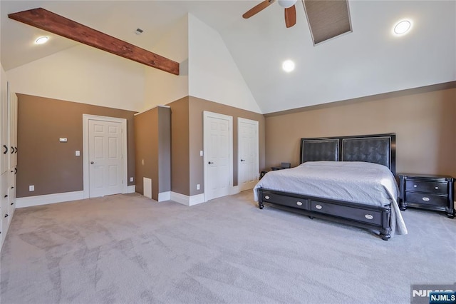 bedroom with baseboards, beamed ceiling, carpet floors, high vaulted ceiling, and a ceiling fan