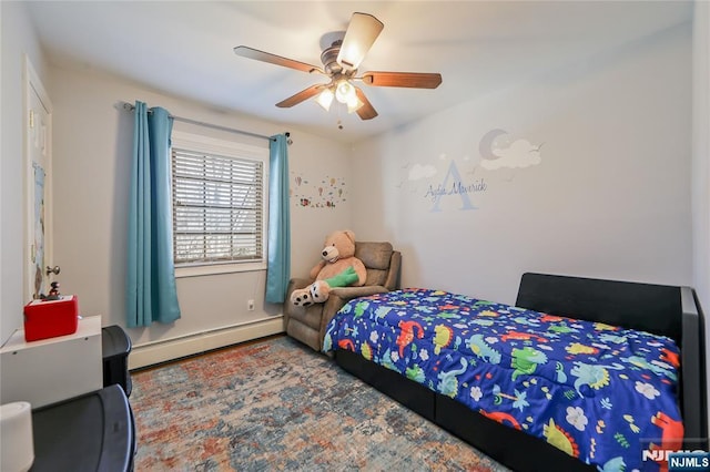 bedroom featuring a ceiling fan and a baseboard radiator