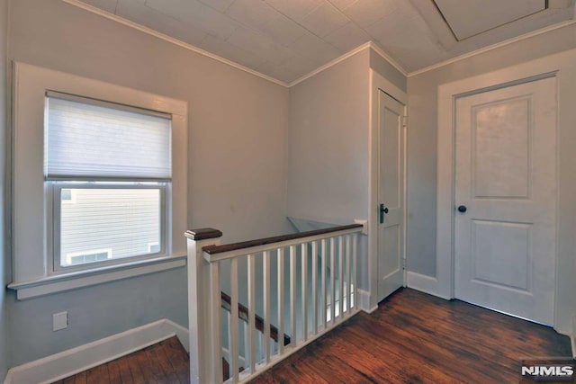 hallway featuring wood finished floors, an upstairs landing, baseboards, and ornamental molding