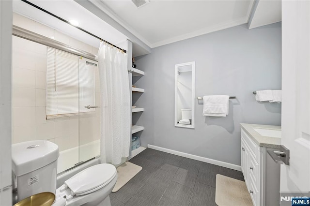 full bathroom with vanity, baseboards, ornamental molding, shower / bath combination with curtain, and toilet