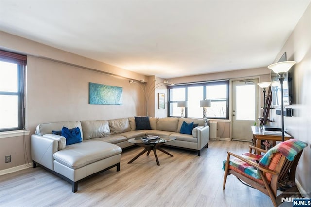 living room featuring light wood finished floors and baseboards