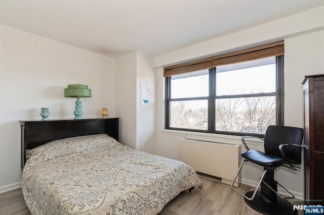 bedroom featuring multiple windows, radiator, wood finished floors, and baseboards