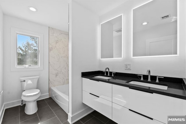 bathroom with tile patterned flooring, visible vents, toilet, and a sink