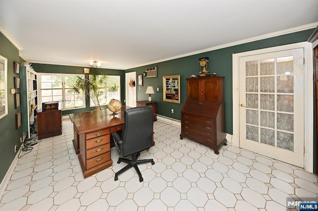 office with baseboards and ornamental molding