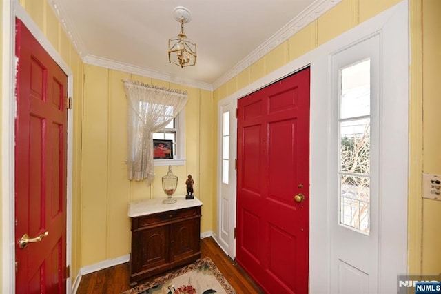 foyer with dark wood finished floors and ornamental molding