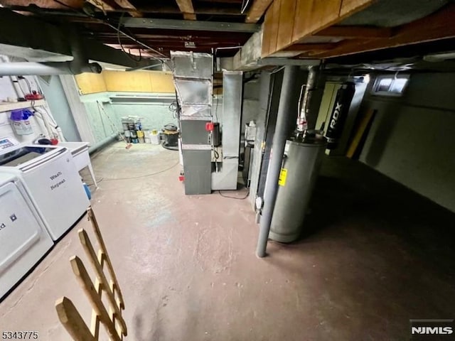 unfinished basement with water heater and heating unit