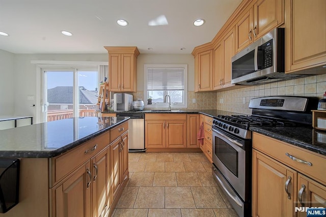 kitchen with a sink, stainless steel appliances, plenty of natural light, and tasteful backsplash