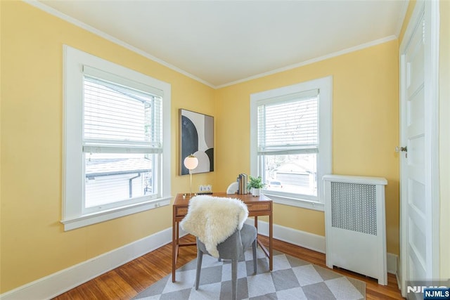 office with radiator, wood finished floors, and a wealth of natural light