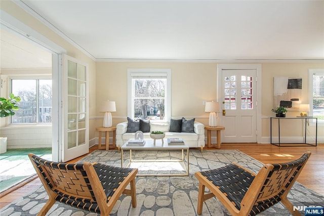 living area featuring ornamental molding, baseboards, and wood finished floors