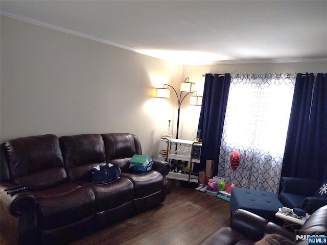 living room featuring dark wood-style floors and crown molding