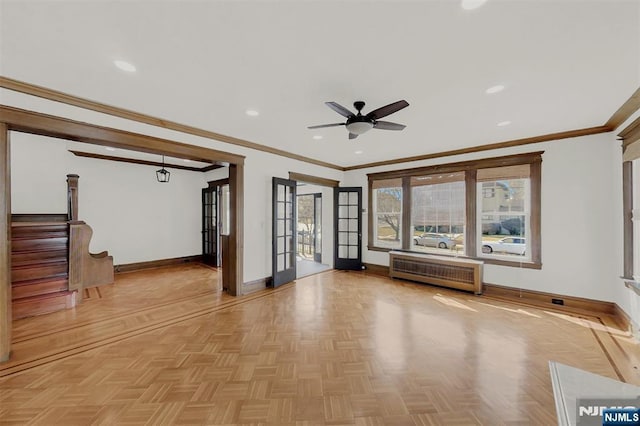 unfurnished living room with recessed lighting, a ceiling fan, radiator heating unit, and baseboards