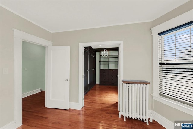 interior space with radiator, baseboards, and wood finished floors