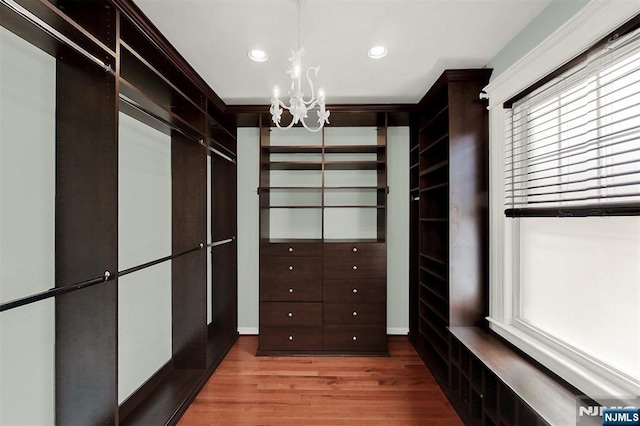 spacious closet featuring a notable chandelier and wood finished floors